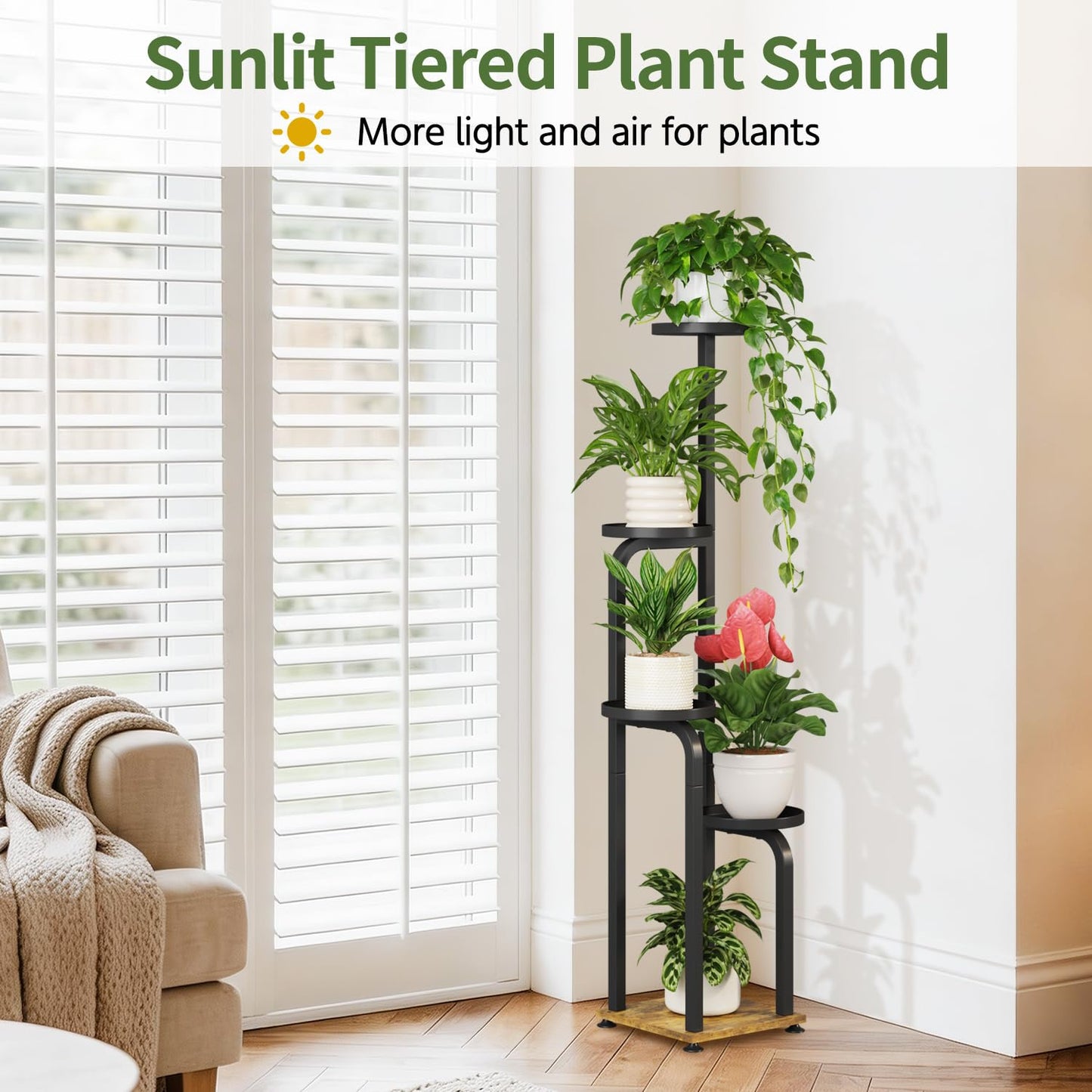LASZOLA 5 Tiered Plant Stand Tall for Indoor Corner, Modern Multiple Flower Display Rack with Metal Tray, Vertical Planter Shelf for Living Room Bedroom Patio Garden Balcony, Black