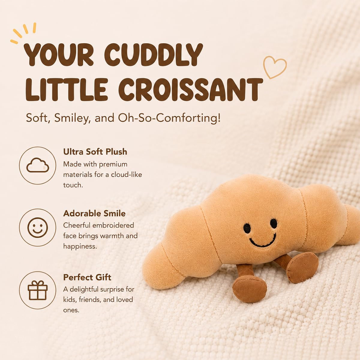 Zaxqerm Croissant Plush Pillow，10" Funny Food Plushies，Soft Food Stuffed Animals Kawaii Birthday Gifts for Teen Boys