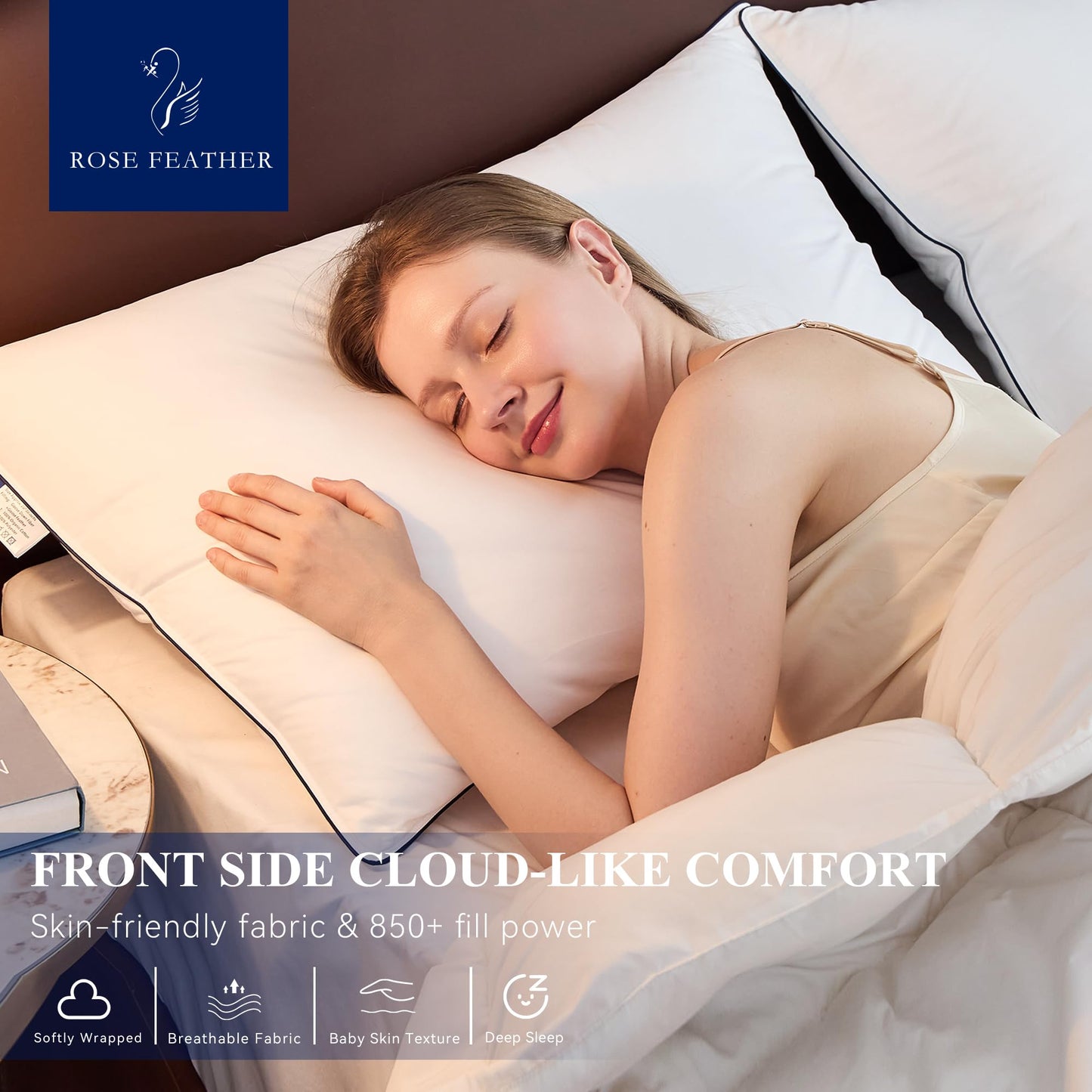 ROSE FEATHER Goose Down Pillows Queen Size Set of 2, 3-Chamber Cervical Neck Support Down Feather Pillow 100% Soft Cotton Cover Luxury Hotel Bed Goose Feather Pillows (Queen (Pack of 2))