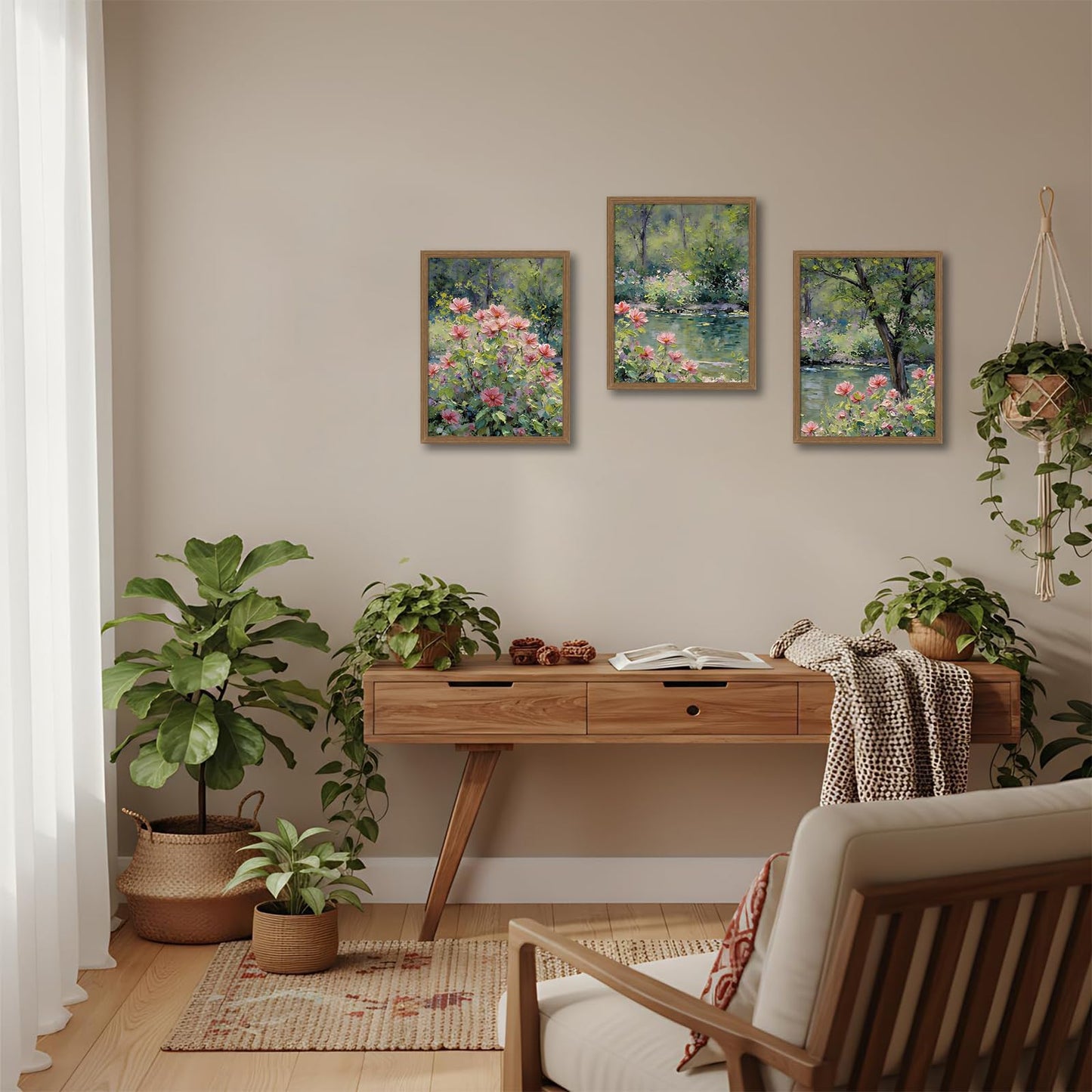 3pcsmonet Framed Wall Art,Retro Floral Gardencanvas Painting, Pink Flowers By Lake Painting, Nature Poster Wall Decor For Living Room Bedroom Office, Ready To Hang 12x16in