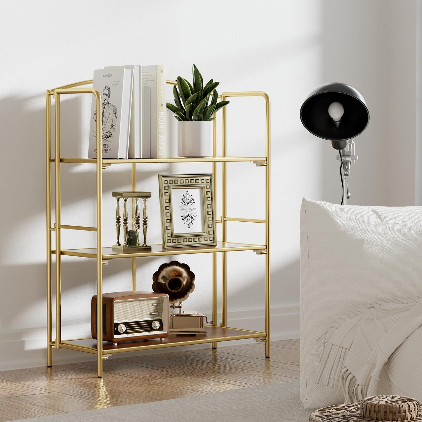 Crofy 3-Tier Wider Foldable Bookshelf, Gold Frame & Walnut Shelves