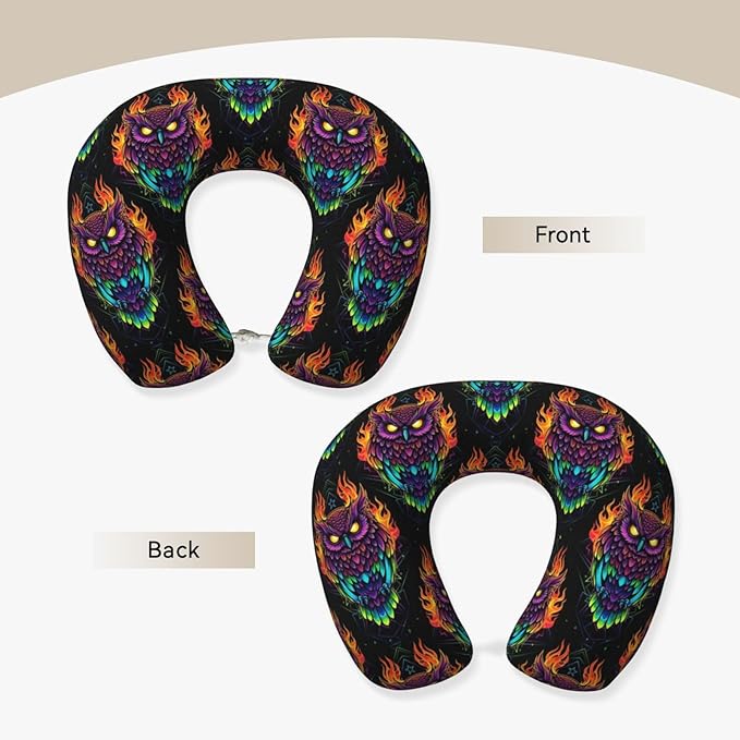 Travel Neck Pillow for Pain Relief Sleeping, Abstract Owl Fire Art, Comfortable Memory Foam Chin Head Cushion Support with Zip Cover, Fashion Car Flight Pillows