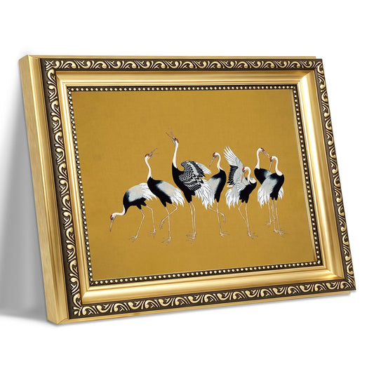 Vintage Asian Red Crowned Cranes Framed Wall Art Elegant Golden Silk Texture Canvas Print Luxury Chinoiserie Birds Oil Painting Oriental Decor for Living Room Bedroom Kitchen Home Office Gallery Wall Decor Gift for Art Lovers Friends New Homeowners 9x11 I