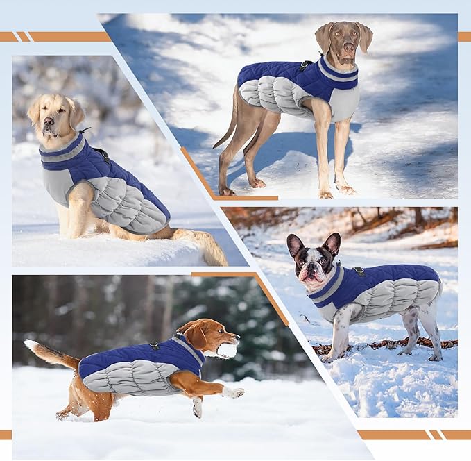 OUOBOB Dog Coats for Large Dogs,XL Dog Coat,Warm Fleece Winter Coat with D-Ring,Back Zipper Pet Jacket for Large Dogs,Waterproof Pet Snow Jacket Clothes Snowsuit Beagle Corgi Border Collie,Blue,XL