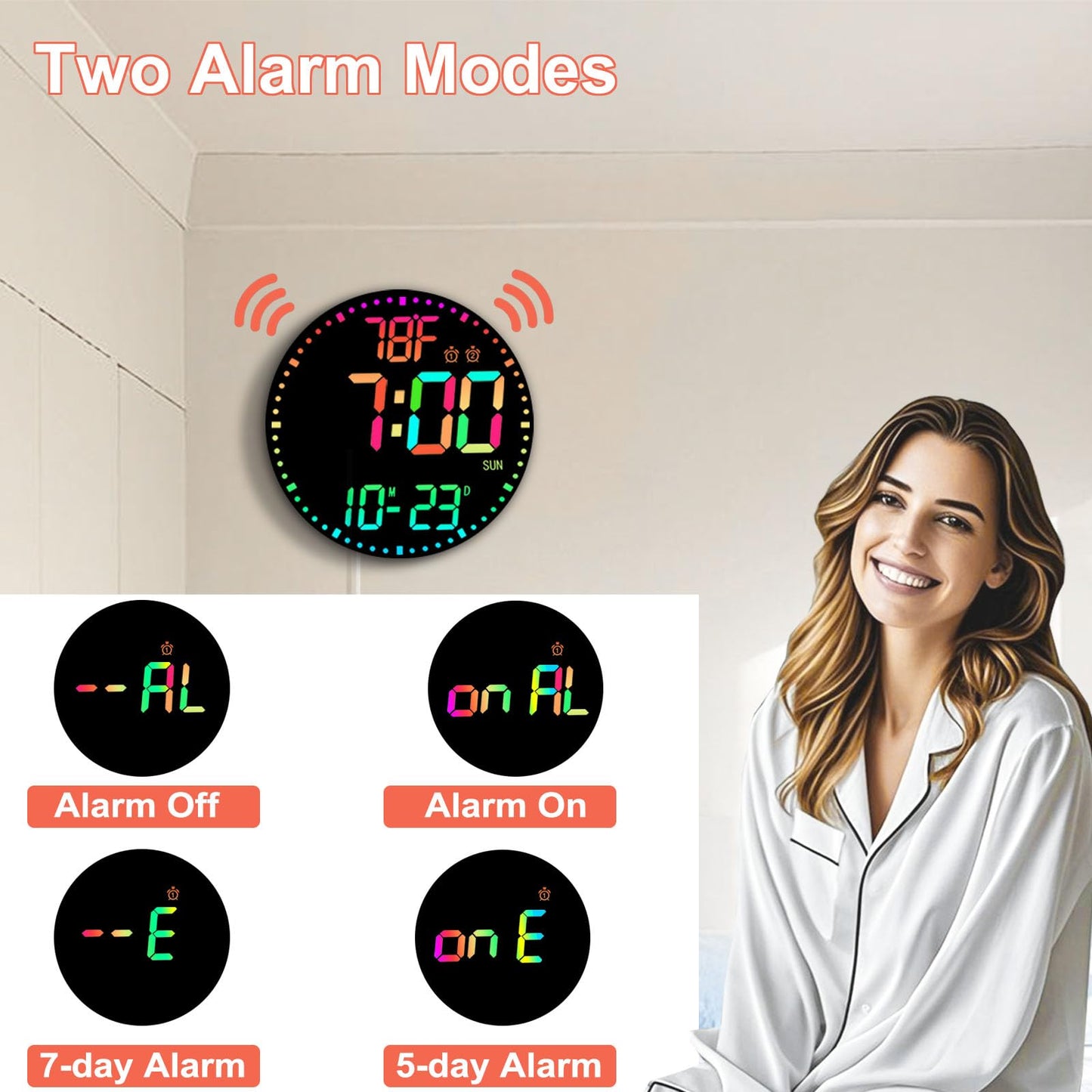QINFIEY Large 12" RGB Color Changing Digital Wall Clock with Remote Control | LED Display Plug-in Clock with 3 Brightness Levels & Temperature Display | Perfect for Home, Gym, Classroom, Office
