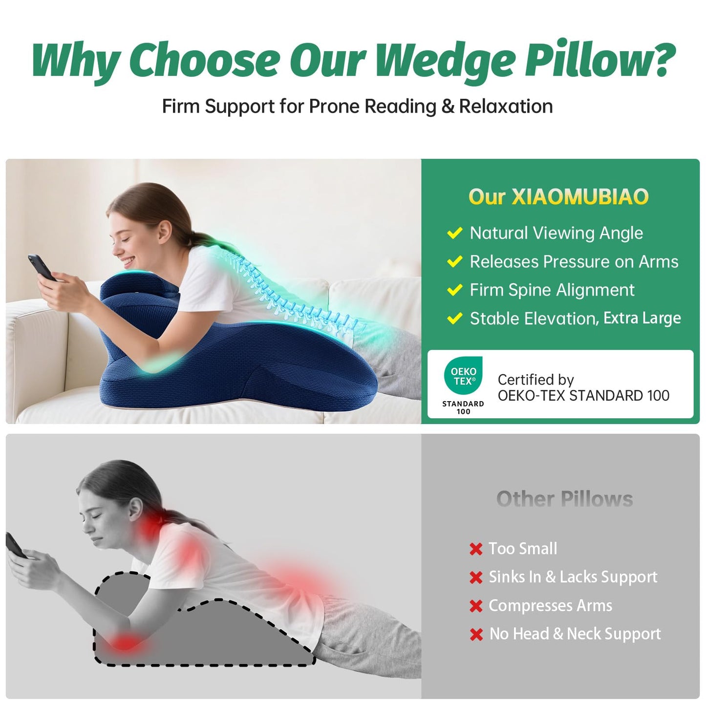 xiaomubiao Extra Large Ergonomic Memory Foam Wedge Pillow for Stomach Sleeping, Reading & Back Support, Firm King Size Prone Pillow for Acid Reflux & Leg Pain Relief, Washable Cover