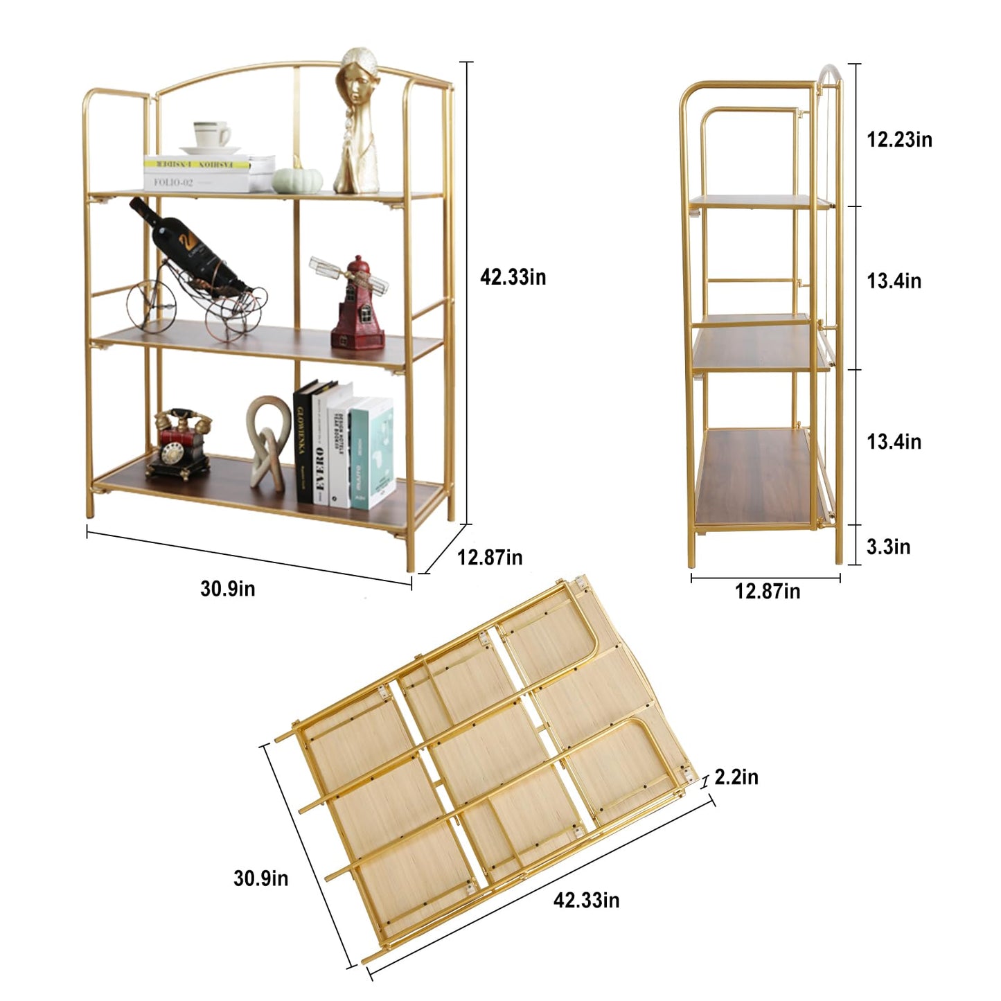 Crofy 3-Tier Wider Foldable Bookshelf, Gold Frame & Walnut Shelves