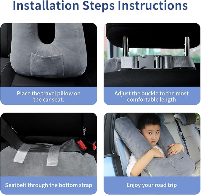 Car Pillow for Kids, Travel Pillow for Car, Toddler Travel Pillow for Sleeping Carseat Pillow for Adults, Removable and Washable Covers, Long Car Ride Essentials,Grey