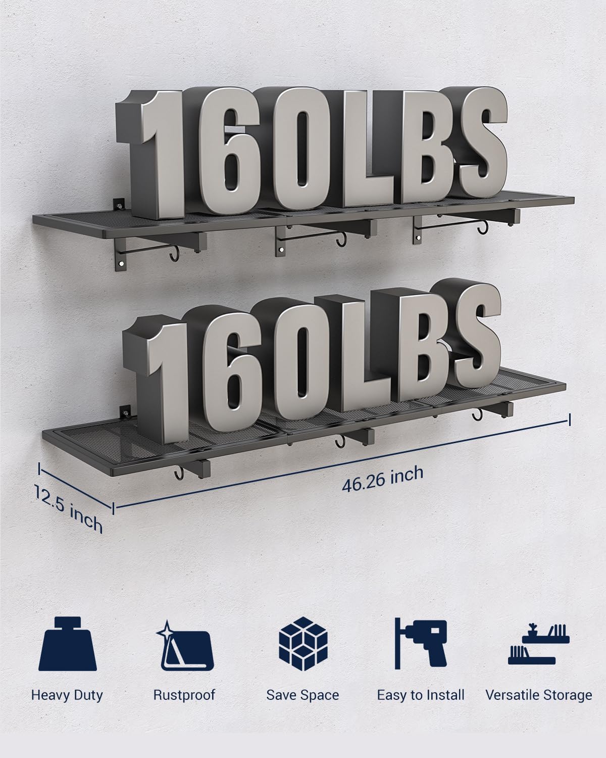 Olgsibb 2 Pack Garage Wall Shelving, 46 x 12.5 in Heavy Duty Garage Shelves Wall Mounted, Metal Floating Wall Shelf with 8 Hooks, 360 lbs Capacity Garage Storage Organizer for Basement, Workshop