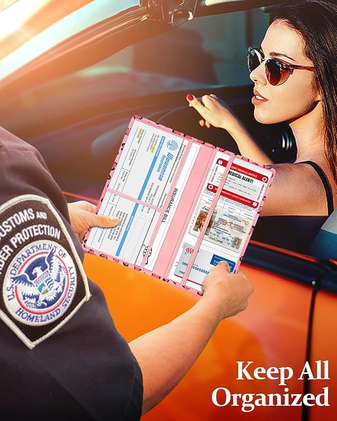 Slohif Car Registration and Insurance Card Holder - Leopard Vehicle Glove Box Organizer Women with Magnetic Shut Leather Automobile License Holders Coasters Auto Accessories Case for Document