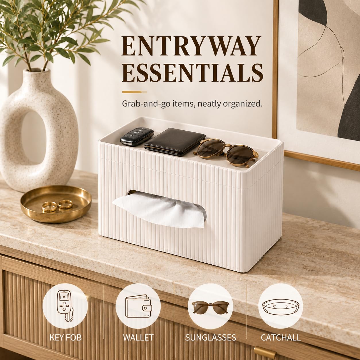 KINGFOM Ribbed PU Leather Tissue Box Cover with Storage Tray, Rectangular Facial Tissue Holder for Bathroom Vanity, Nightstand & Office Desk, Modern Decorative Tissue Dispenser (Ivory White)