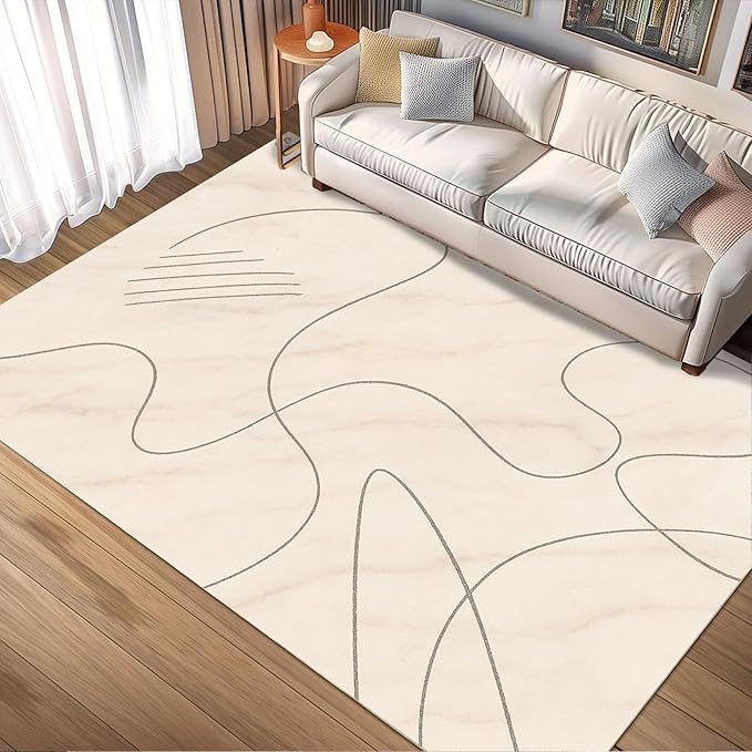 Modern Marble Rug - 8x10 Area Rugs, Abstract Line Marble Living Room Area Rugs, Minimalist Geometry Bedroom Rug, Washable & Non Slip Large Carpet Home Decor