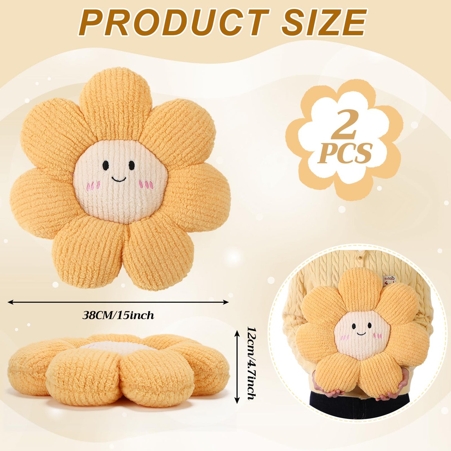 Chicmount 2 Pcs Smile Face Flower Pillows 15" Yellow Flower Throw Pillows Decorative Daisy Floor Seating Cushion Aesthetic Cute Seat Cushion for Bed Sofa Couch Home Decor Bedroom Living Room Chair