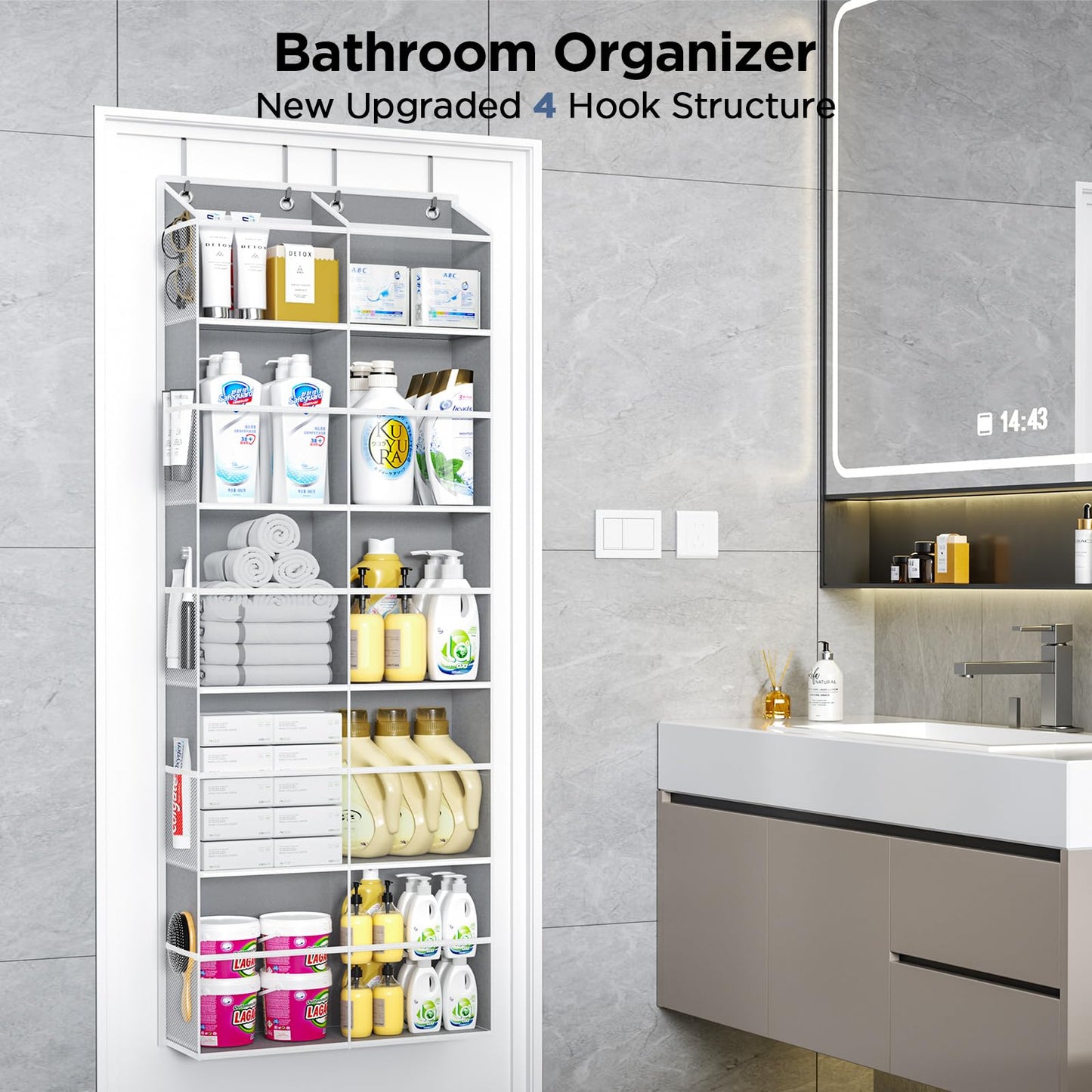 PureSpace 5-Tier Over The Door Organizer with 10 Side Mesh Pockets & Clear Windows, 80 lbs Weight Capacity Hanging Storage for Bathroom, Bedroom, Nursery, Kitchen, Organize Shoes, Diapers(Clear Grey)