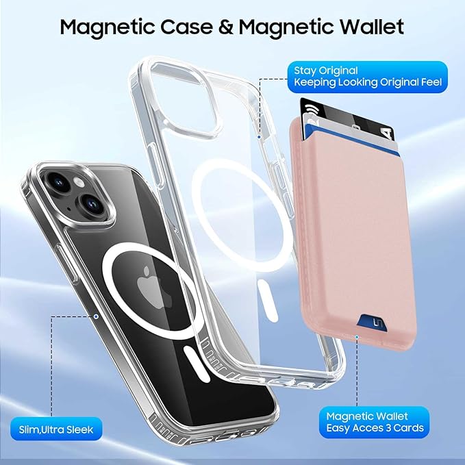 Ntwinro Magnetic for iPhone 15 Clear Case (Compatible with MagSafe) with Pink Detachable Wallet & Card Holder for 3 Cards [RFID Blocking] Military Grade Protective Slim Phone Cover