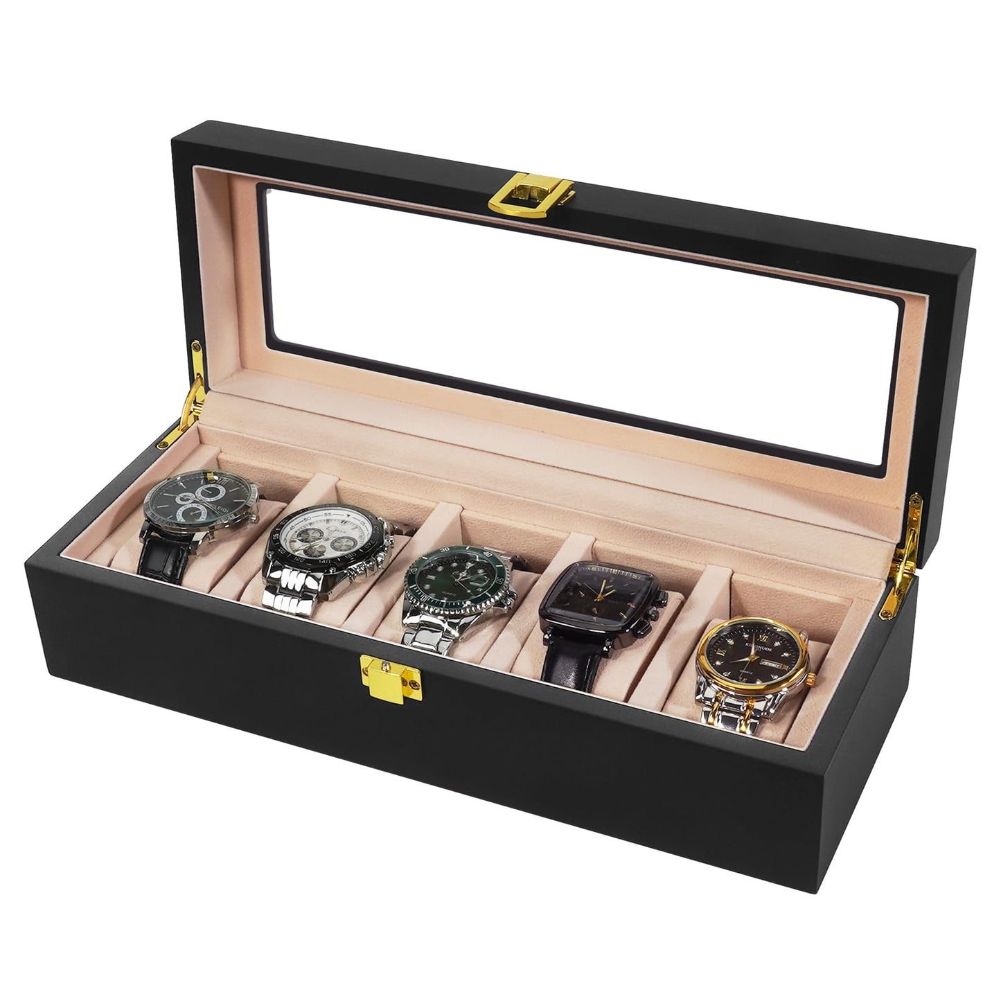 Vockow Wooden Watch Storage Box - 5 Slot Watch Display Case for Men Women | Watch Holder Organizer fit Watches with Dial Size up to 52 mm Black