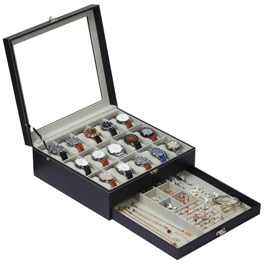 AUTOARK Premium 2-Layer Watch Box Organizer with Lock,Holds 15 Watches + Jewelry,Drawer for Rings Earrings Bracelets,Large Glass Lid,Soft PU Leather,Gift for Men Women,Black,MKAW-137