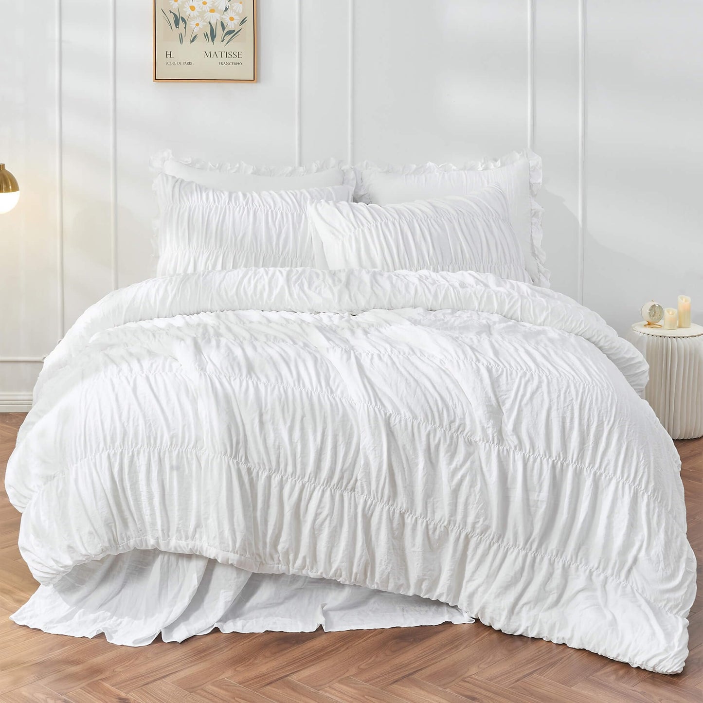 Bonlino Queen Comforter Set White Bedding - Ruched Comforter Queen Size Bed Set Boho Shabby Chic Bedding for Bedroom Comforter Fluffy 3 Piece Ruffle Comforter Set with Pillow White Soft