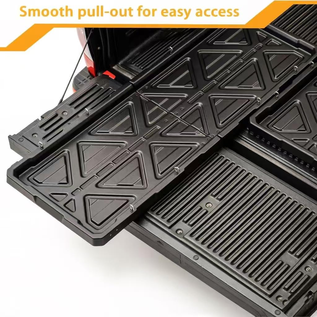 KOKSHELY Slide-Out Truck Bed Tray, 61.72" Lx 46.25" W Size Truck Bed Organizer Tray for 5’7’’+ Long Beds, Sliding Truck Cargo Tray Fits Most Full-Size Pickups, with Elastic Cargo Net & Open Hooks