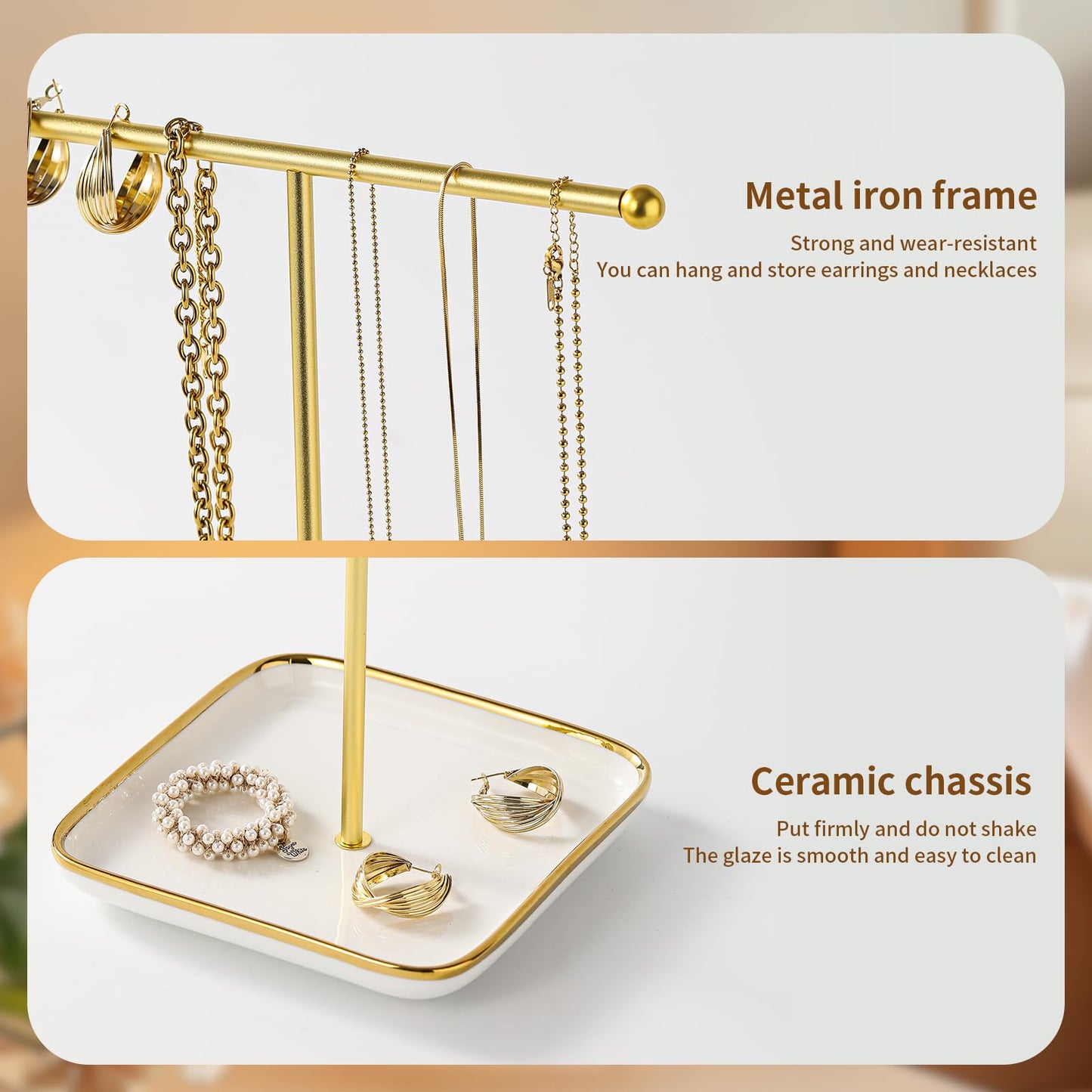 Leijosya modern T-shaped jewelry rack, jewelry tower, gold metal, square ceramic base decoration display tower, necklace, bracelet, ring storage rack (1-layer ceramic disc)