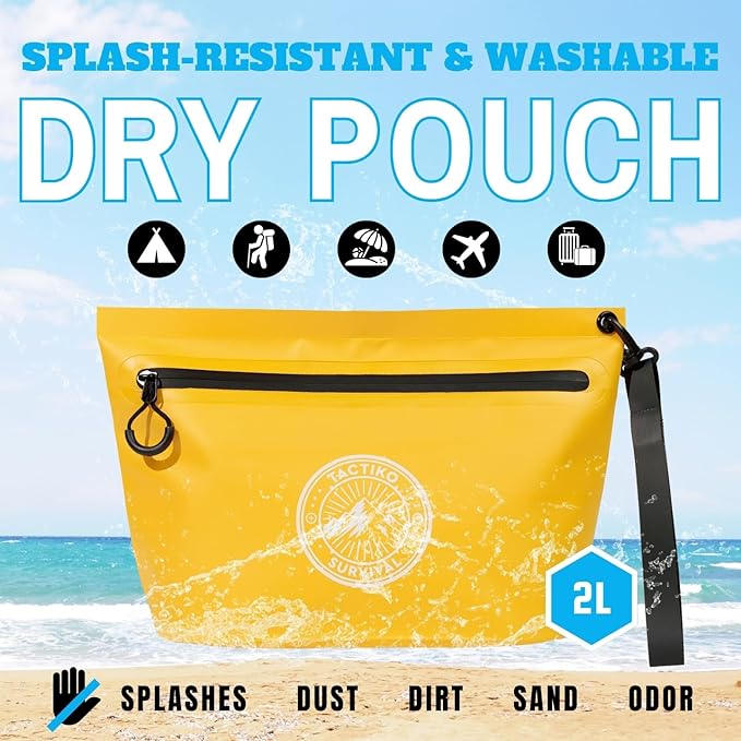 Tactiko 3L Water Resistant Pouch - Waterproof Material w/Splashproof Zipper - Hold All Zipper Bag for Storage, Toiletries, Travel, Beach, Cruise, Home (Yellow)