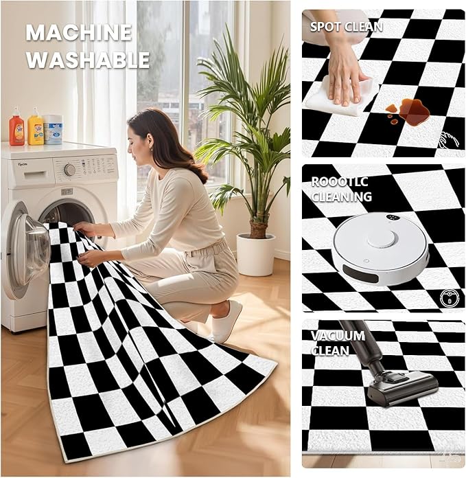 Black and White Checkered Rug for Living Room, 4x5 Area Rugs, Checkered Area Rug, Geometric Plaid Large Rugs, Washable Non Slip Retro Carpet Home Floor Decor