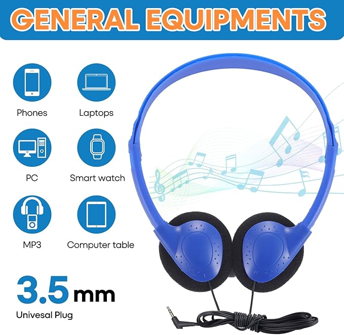 Kids Headphones Bulk 12 Pack for School Classroom Student Children Toddler Boys Girls Teen and Adults, Wholesale Wired Computer Earphones Class Set for Library Museums Airplane (HY857,12 Blue)