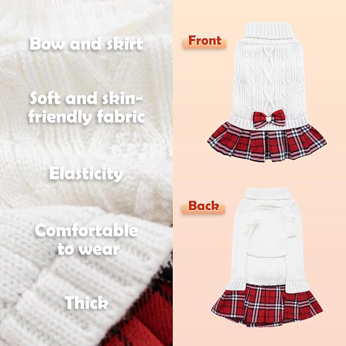 YUDODO Small Dog Sweater Dress with Bowtie Turtleneck - Knitted Pet Girl Dog Winter Clothes - Pet Warm Sweater for Puppy Yorkies, Chihuahua (L White)