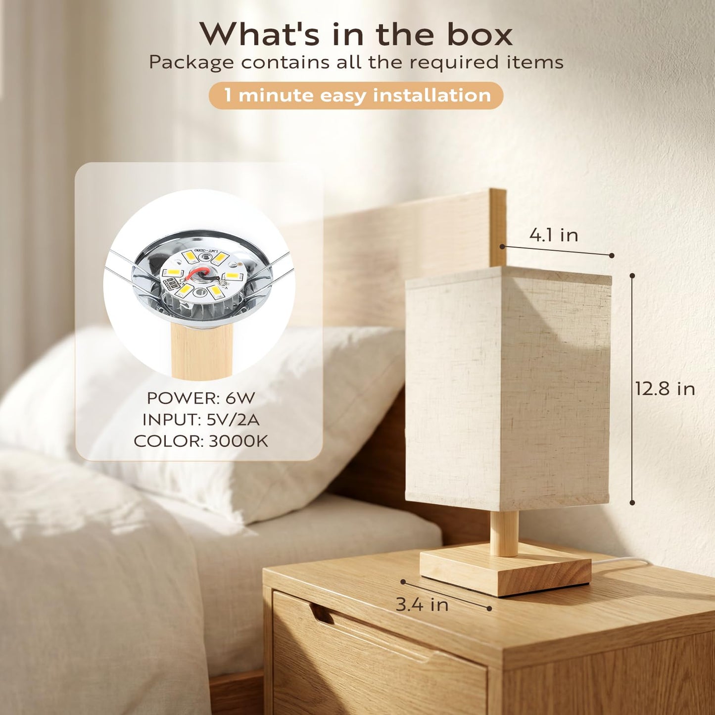 Oizuon Small Table Lamp Set of 2, Square Short Bedside Lamps 2700K Warm LED with Linen Shade & Wood Base, USB Mini Nightstand Lamps for Bedroom Living Room