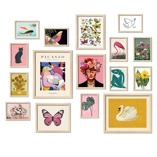 16 PCS Framed Eclectic Wall Art Decor, Modern Maximalist Home Gallery Wall Frame Set Prints for Bedroom Bathroom, Posters for Living Room Aesthetic, Colorful Dorm Artwork Collage Kit Pictures