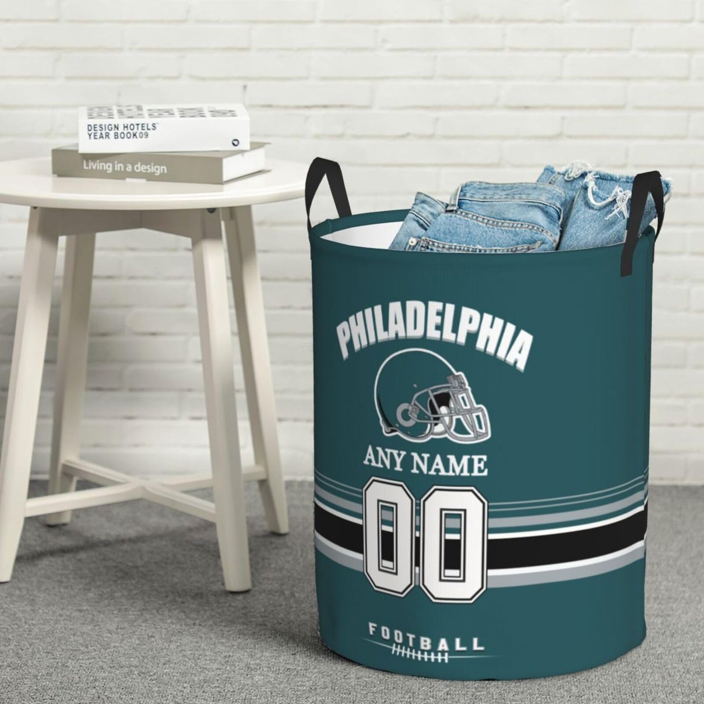 Philadelphia Laundry Hamper, Personalized Football Style Laundry Basket, Custom Name and Number Collapsible Storage Basket with Handle Gift for Bedroom Bathroom