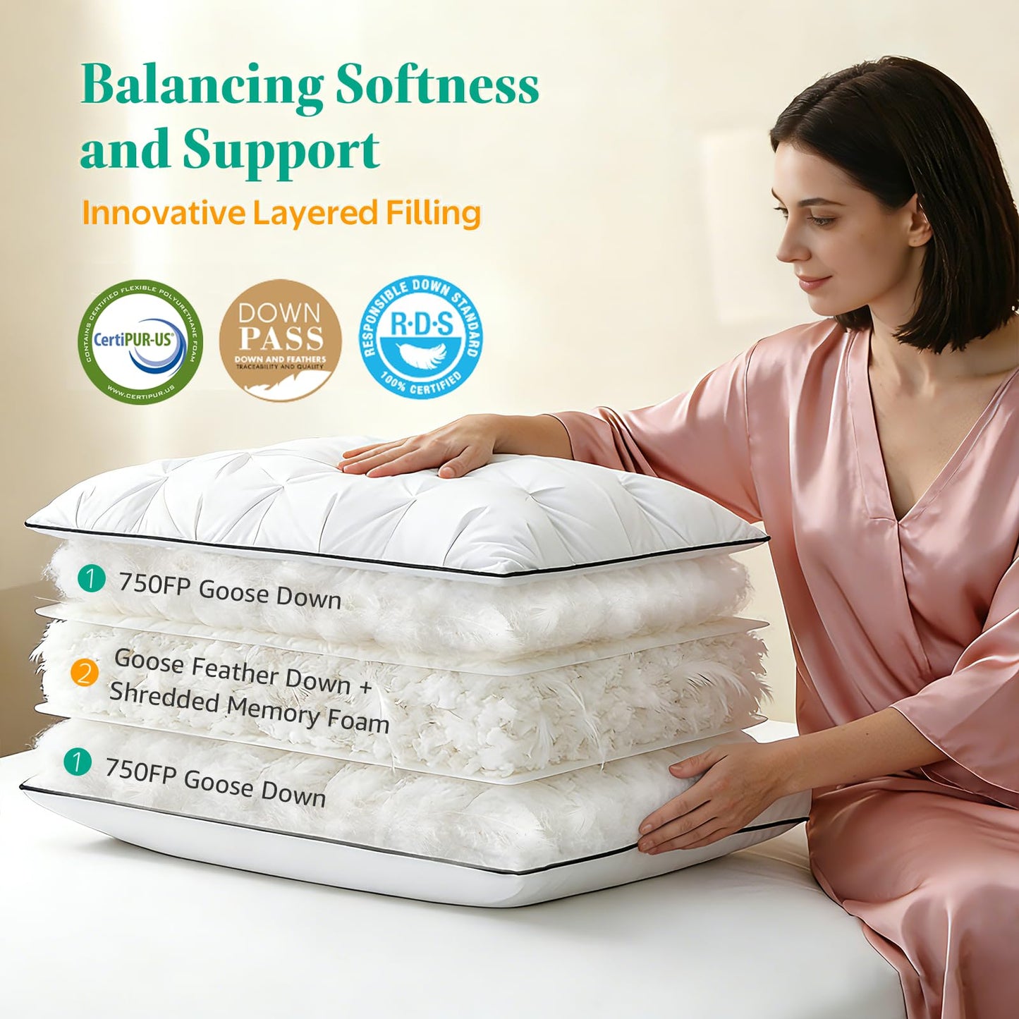 KUSNUG Premium Hybrid Goose Feather Down Pillows Queen Size Set of 2 with 100% Organic Cotton Cover, Hotel Collection Bed Pillows for Sleeping, White Fluffy Soft Gusseted Pillows (18"x28"+2" Gusset)
