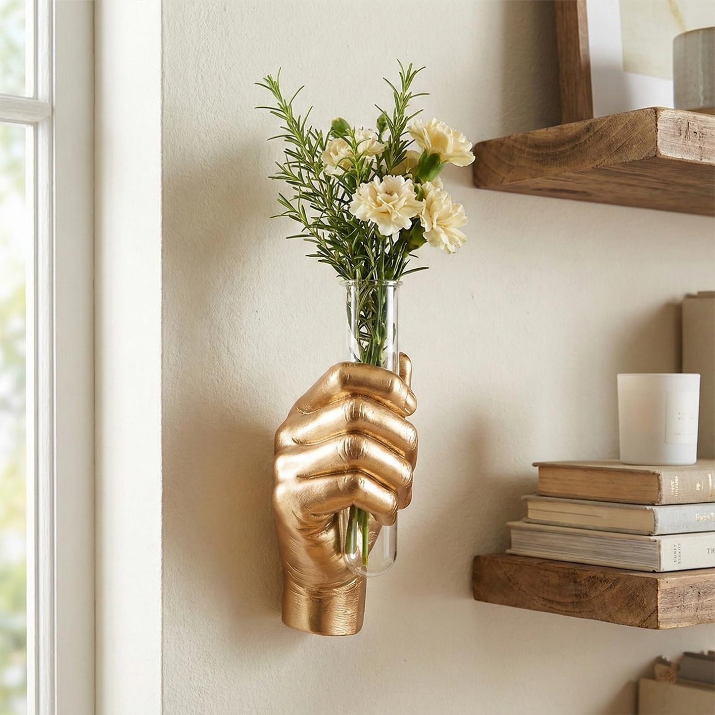 Gold Wall Art Decor Hand Vase, Unique 3D Wall Sculptures Mount Vases for Flowers, Contemporary Gallery Art Whimsical Home Indoor Outdoor Decor Accent, Dimensional Hand Sculpture, Glass Test Tube