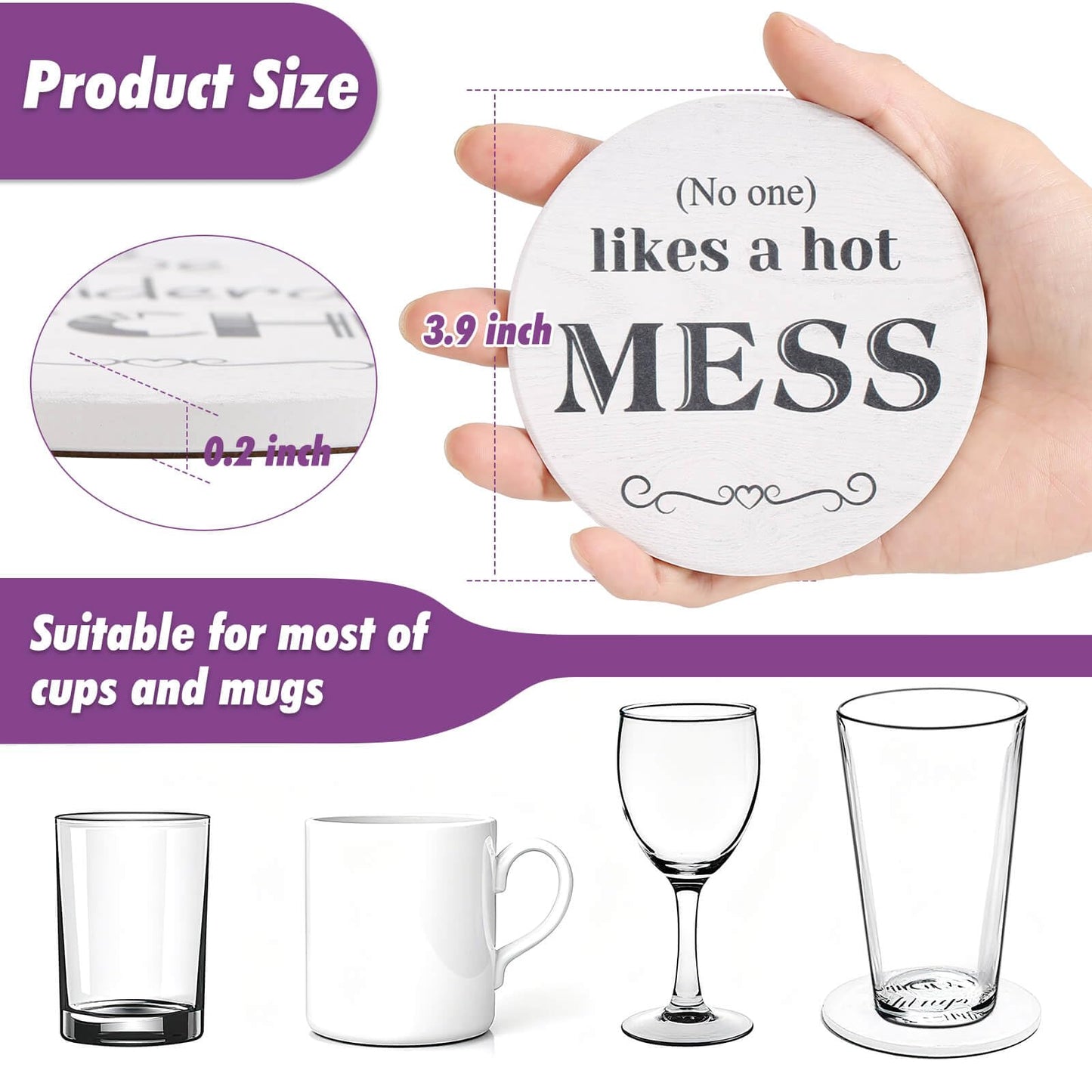 Billbotk Funny Coasters Set of 8, Ceramic Absorbent Coasters for Drink, White Elephant Gifts for Adults, 4 Inches