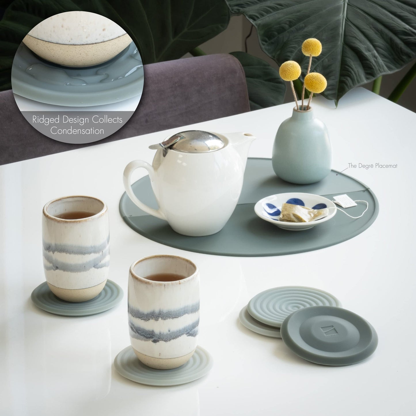 LINE+ARC Extra Thick Silicone Coasters Waterproof Anti-Stain Heat-Safe Dishwasher-Safe Degrē Coasters XL (Set of 6 Sandstone) Outdoor Rubber Mid-Century Modern