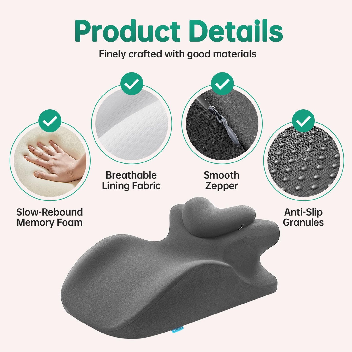 MOONYOOY Memory Foam Ergonomic Rest Pillow for Sleeping, Acid Reflux & GERD Relief - Elevation Bed Support Pillow for Back Pain, Post Surgery Recovery, Reading with Removable Washable Cover Gray