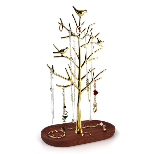 MORE&LESS Branch Jewelry Rack with wood tray,Retro color,Tree Tower Rack Hanging Organizer for Ring Earrings Necklace Bracelet,Suitable for living rooms, bathrooms,offices,etc.
