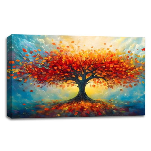 SIXWOOD Colorful Tree of Life Canvas Wall Art Painting, Modern Abstract Picture with Fall Leaves Sunset Glow, Inspirational Wall Decor for Living Room Bedroom, 16x12 in Framed Ready to Hang Art Print