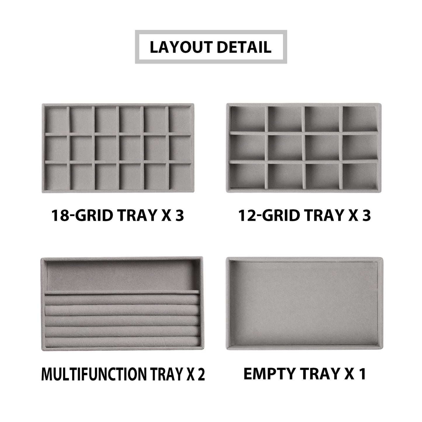 Frebeauty Jewelry Organizer Tray,Stackable Velvet Jewelry Trays,Drawer Inserts Earring Organizer For Women Jewelry Storage Display Case for Rings Stud Necklaces,Set of 9(Grey)