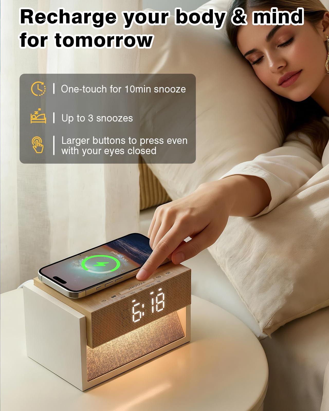 Bokefo Sunrise Alarm Clock with Wireless Charger, White Noise Sound Machine with 20 Soothing Sounds, Wake Up Light Sunlight Simulator, Bedroom Desk Clock for Heavy Sleepers Kids Adults