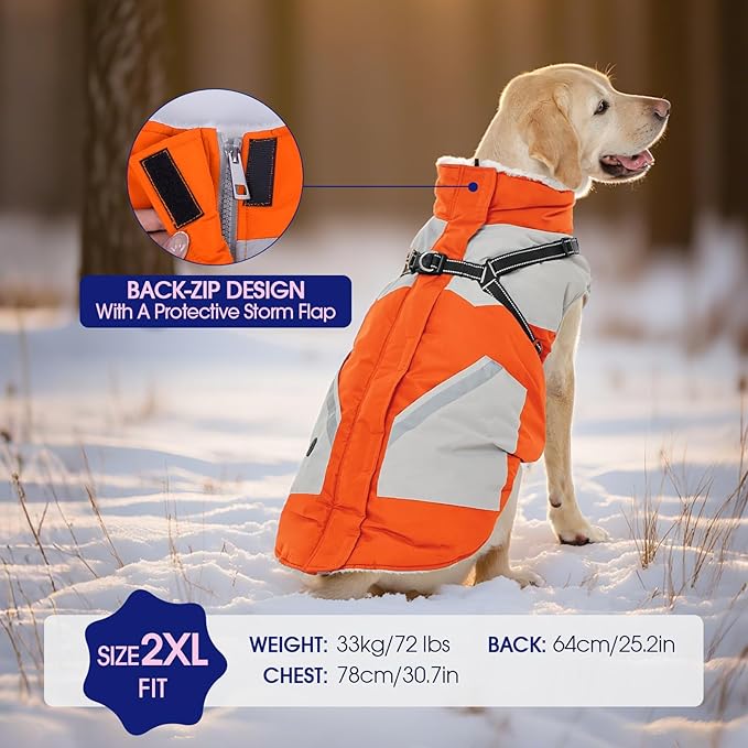FUAMEY Dog Winter Jackets for Small Dogs,Dog Coat with Harness Built in,Waterproof Dogs Snowsuits Warm Pet Jacket Zip Up Fleece Cold Weather Coats Reflective Safety Pets Hunting Vest Orange S