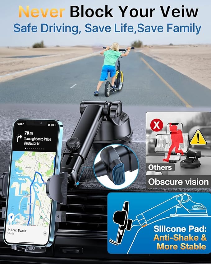 YRU [True Upgrade for Safety] Car Phone Holder Mount [Patent & Military-Grade] Dashboard Cell Phone Holder for Car Vent Windshield Phone Stand for iPhone 17 16 15 14 13 Pro Max Truck Samsung (Grey)