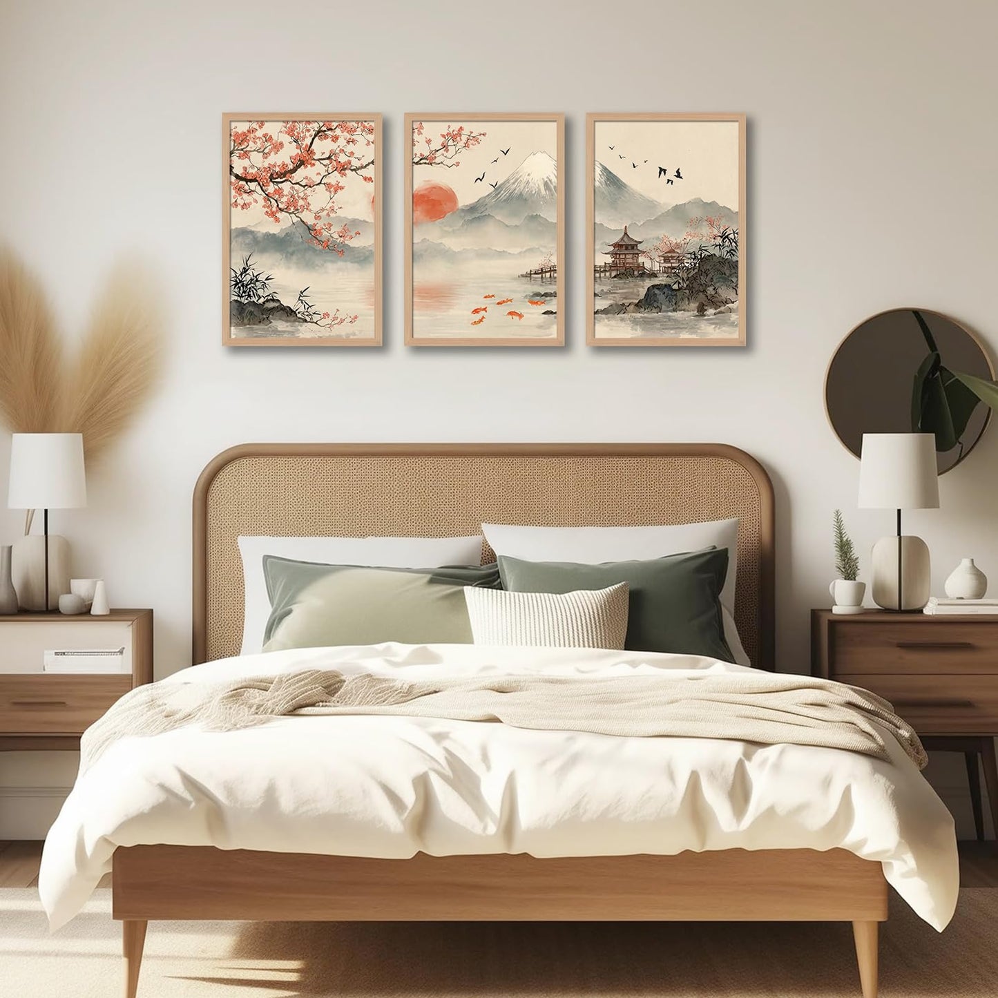 soonkiss Japanese Wall Art Set of 3 with Wooden Frame, Ready to Hang Sakura Cherry Blossom Mountain Sun Landscape Painting Prints for Living Room Bedroom Office 12x16 Inches