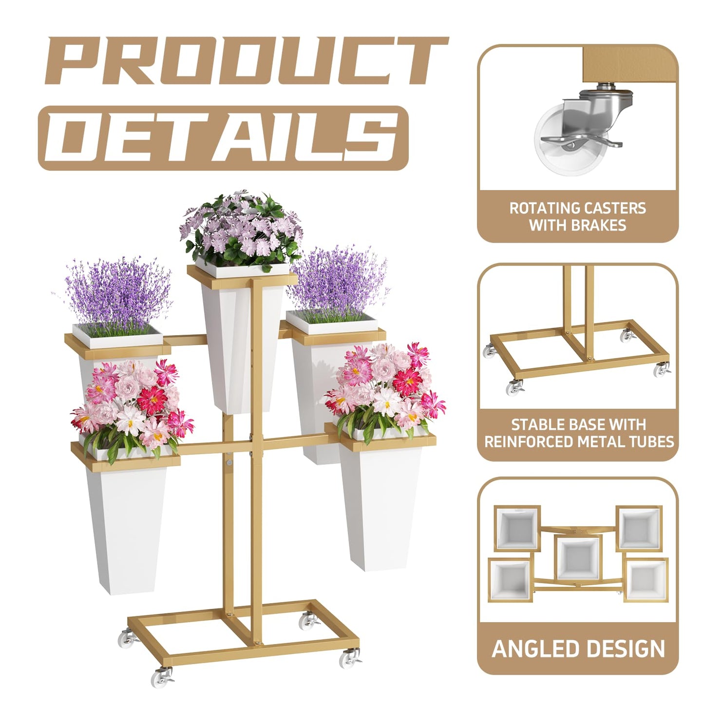 MILEFA Flower bar Stand with Buckets, Moving Flower Display Stand with Wheels, Metal Flower Cart for Bridal Shower. Wedding, Party, Garden, Gold