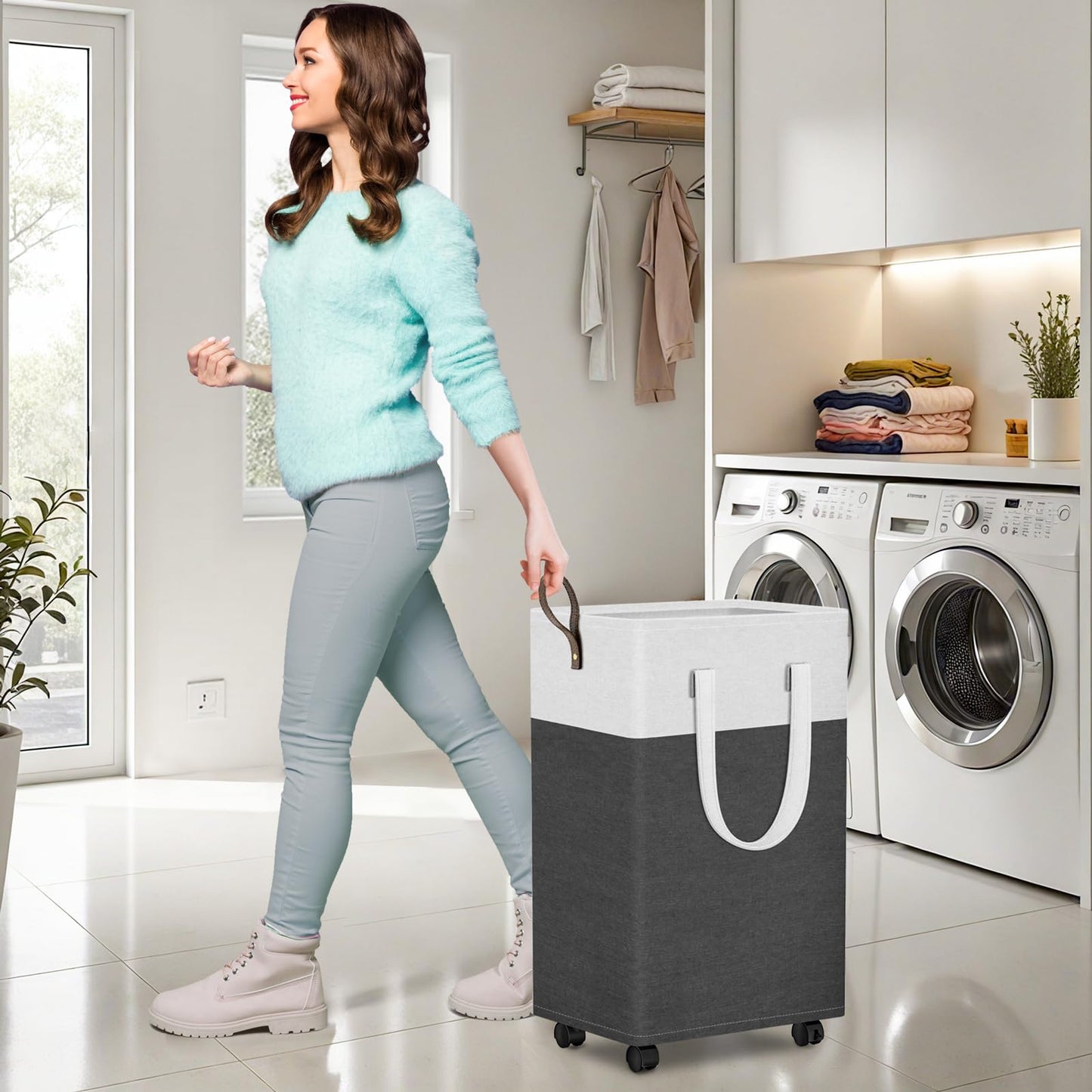 HomeHacks 75L Waterproof Rolling Laundry Hamper - Collapsible Clothes Basket with 4 Wheels for Bathroom, Laundry Room & Dorm, Easy-Clean PEVA Lining, Space-Saving Design(Gray)