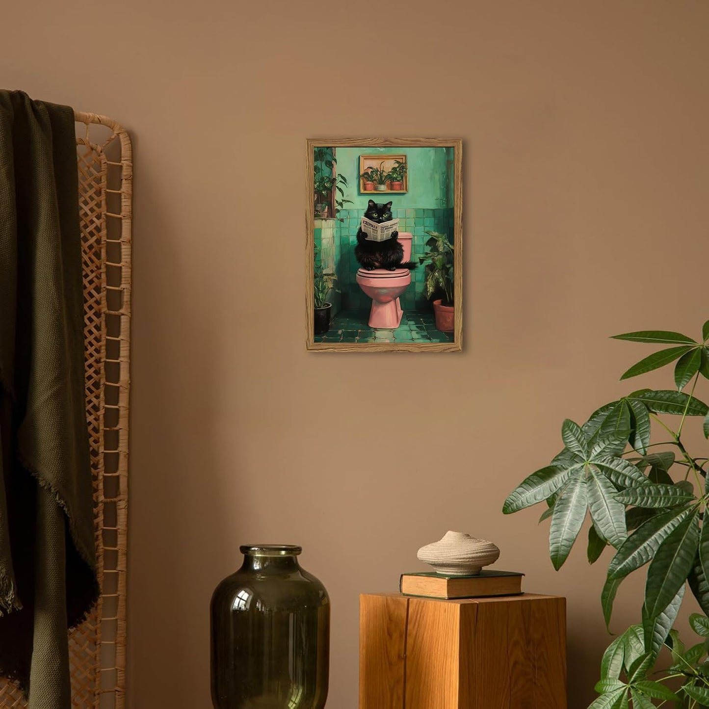 Funny Bathroom Cat Wall Art, Humorous Black Cat Restroom Wall Decor Paintings, Funky Animal on Toilet Reading Newspaper Canvas Prints Artwork 12x16 inch Wood Framed