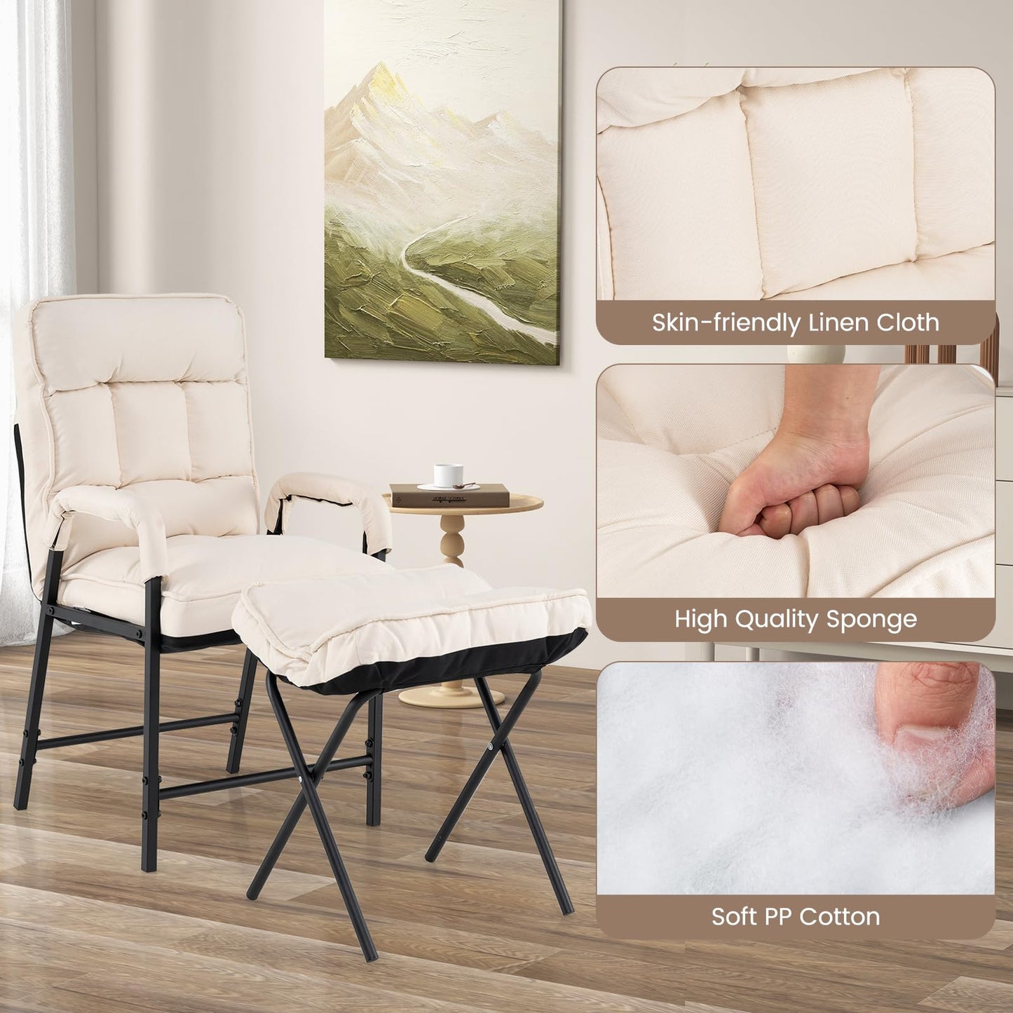 Giantex Modern Accent Chair with Ottoman, Upholstered Arm Chair with Adjustable Backrest & Solid Metal Frame, Linen Fabric Single Sofa Chair and Footrest Set for Bedroom, Living Room (Beige)