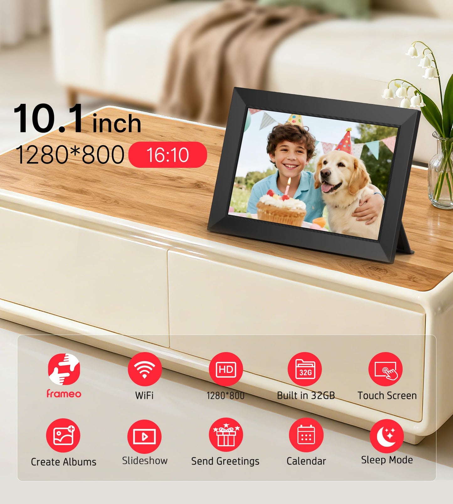 BIGASUO Digital Picture Frame, 10.1" Frameo Digital Frame WiFi with 32GB Memory, 1280x800 IPS Touch Screen, Send Photos/Videos from Your Phone Anywhere, Photo Gifts for Parents and Grandparents