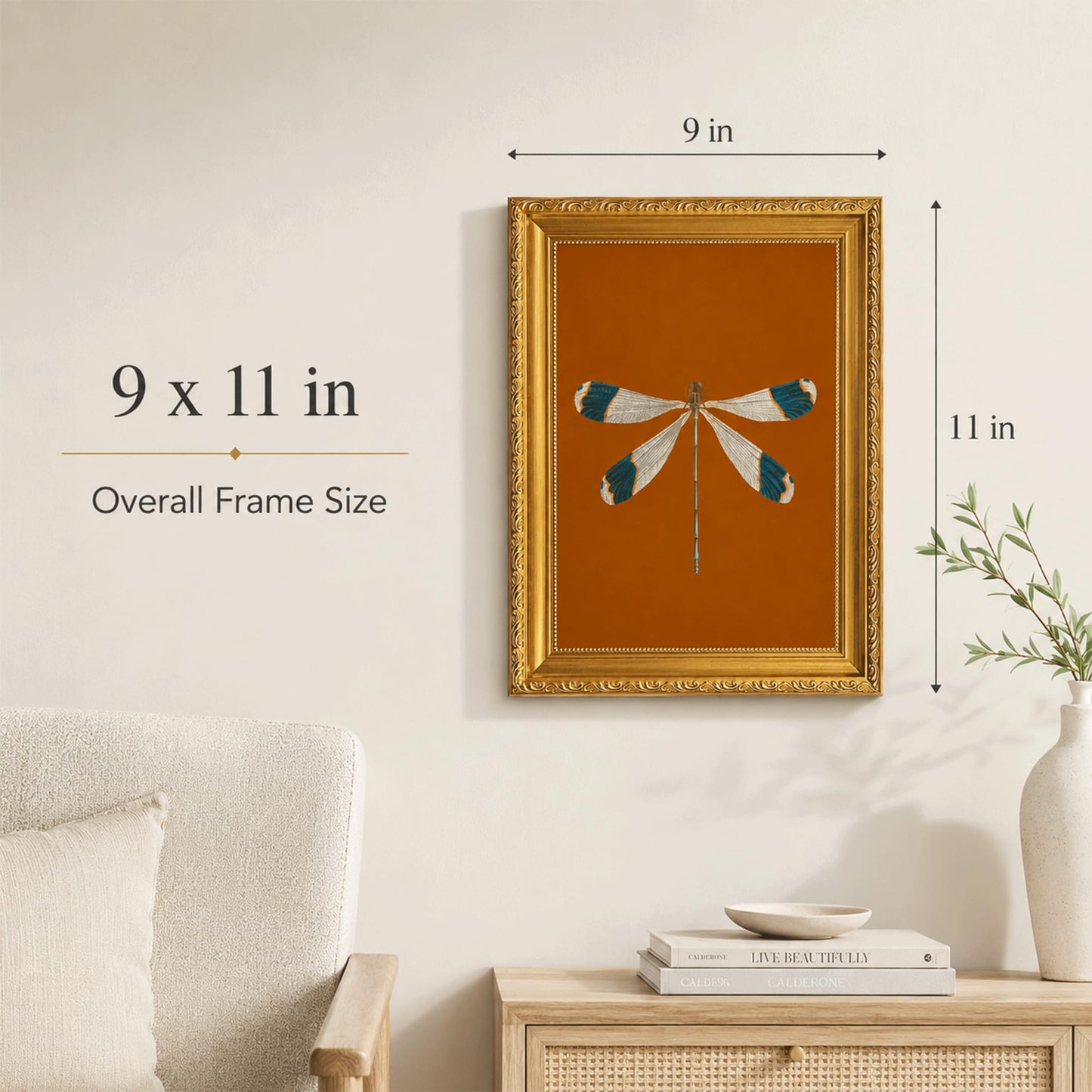 Gold Framed Dragonfly Wall Art, Vintage Insect Print