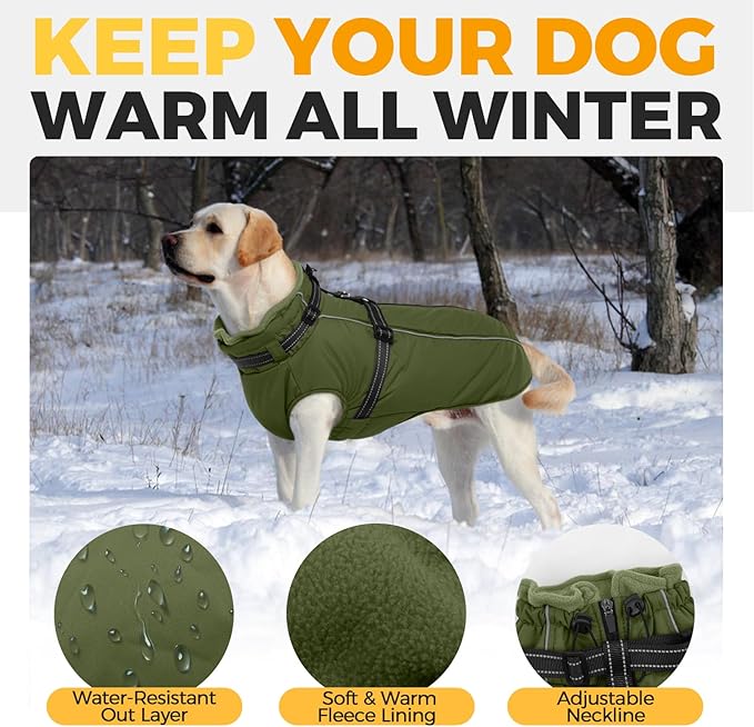 Lelepet Waterproof Dog Jacket with Harness Built in Warm Dog Winter Coat, Reflective Fleece Jacket, Dogs Coats for Lage Dogs, Thermal Pet Snowsuit for Outdoor Walking, French Bulldogs, Army Green, L